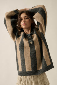 Stripe Out Balloon-Sleeve Striped Polo Sweater - ShopPromesa