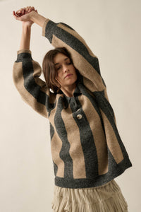 Stripe Out Balloon-Sleeve Striped Polo Sweater - ShopPromesa