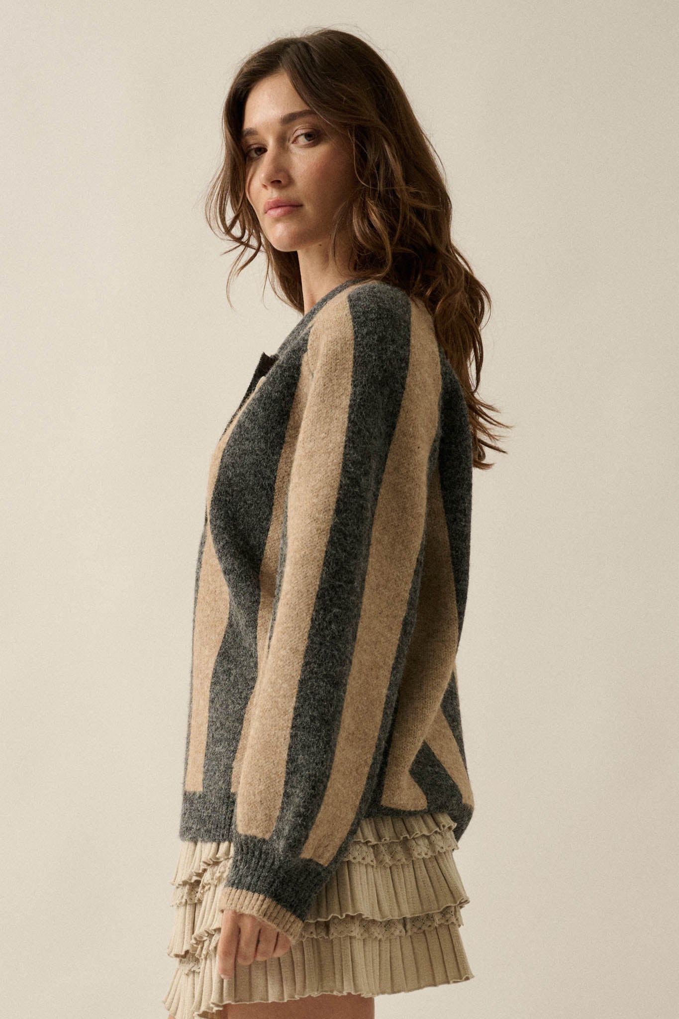 Stripe Out Balloon-Sleeve Striped Polo Sweater - ShopPromesa