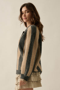 Stripe Out Balloon-Sleeve Striped Polo Sweater - ShopPromesa