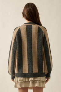 Stripe Out Balloon-Sleeve Striped Polo Sweater - ShopPromesa