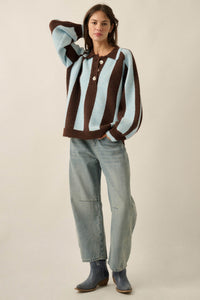 Stripe Out Balloon-Sleeve Striped Polo Sweater - ShopPromesa