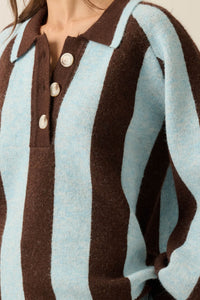 Stripe Out Balloon-Sleeve Striped Polo Sweater - ShopPromesa