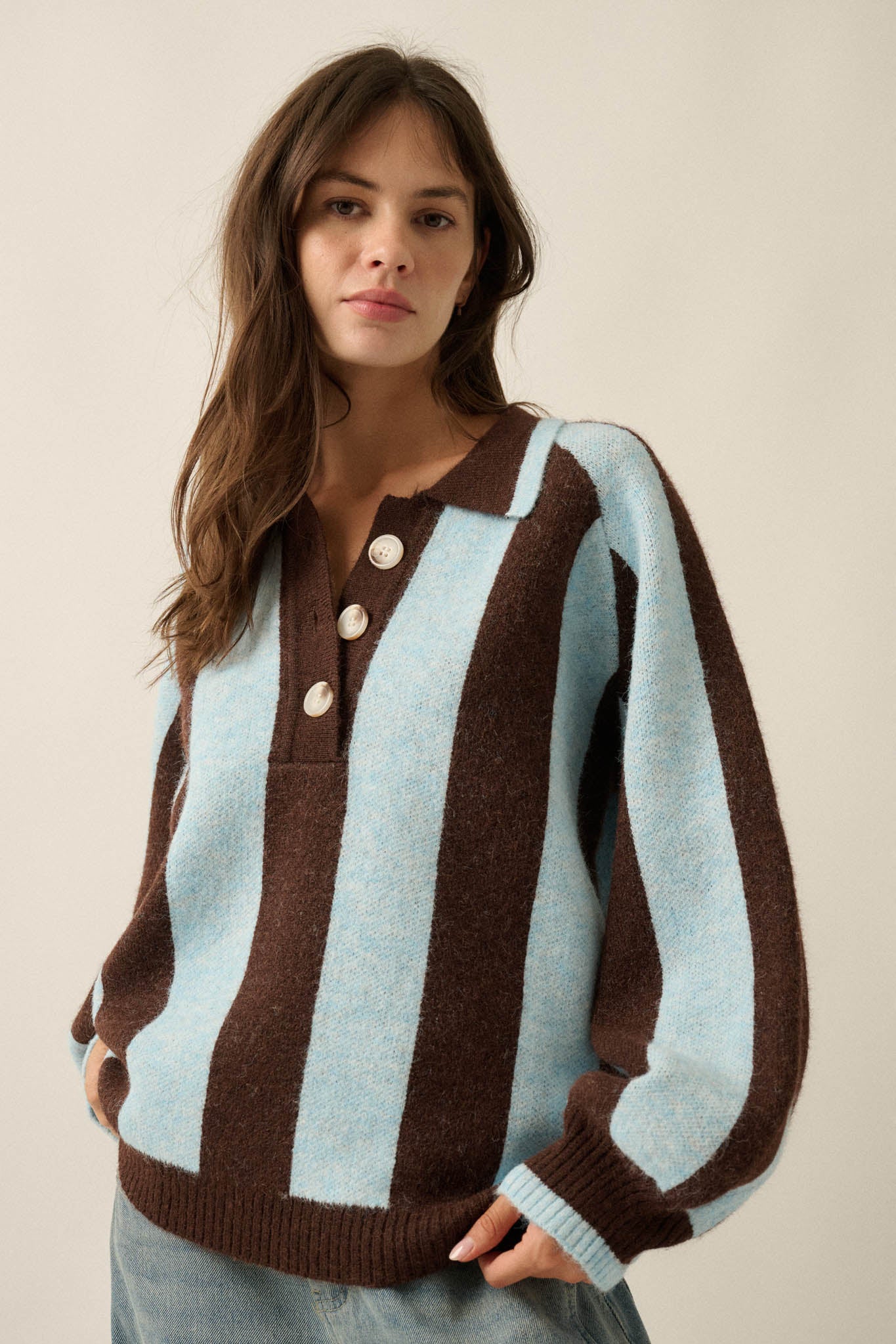 Stripe Out Balloon-Sleeve Striped Polo Sweater - ShopPromesa