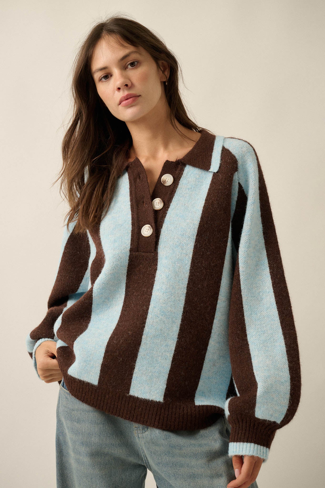 Stripe Out Balloon-Sleeve Striped Polo Sweater - ShopPromesa