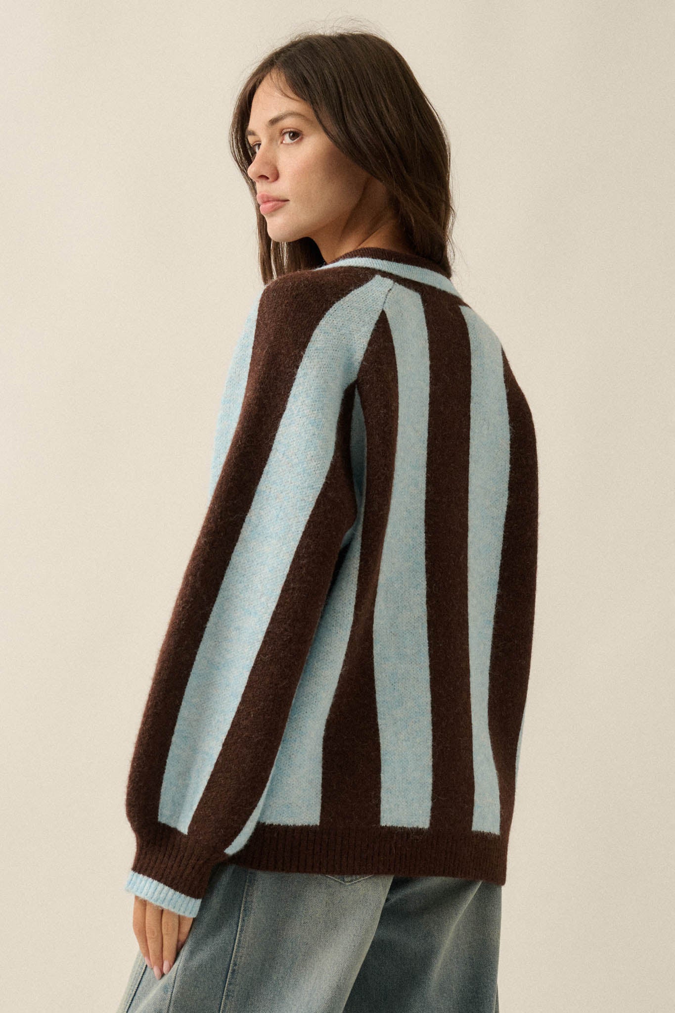 Stripe Out Balloon-Sleeve Striped Polo Sweater - ShopPromesa
