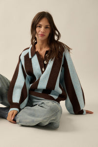Stripe Out Balloon-Sleeve Striped Polo Sweater - ShopPromesa