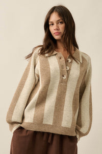 Stripe Out Balloon-Sleeve Striped Polo Sweater - ShopPromesa