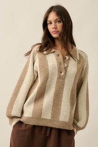 Stripe Out Balloon-Sleeve Striped Polo Sweater - ShopPromesa