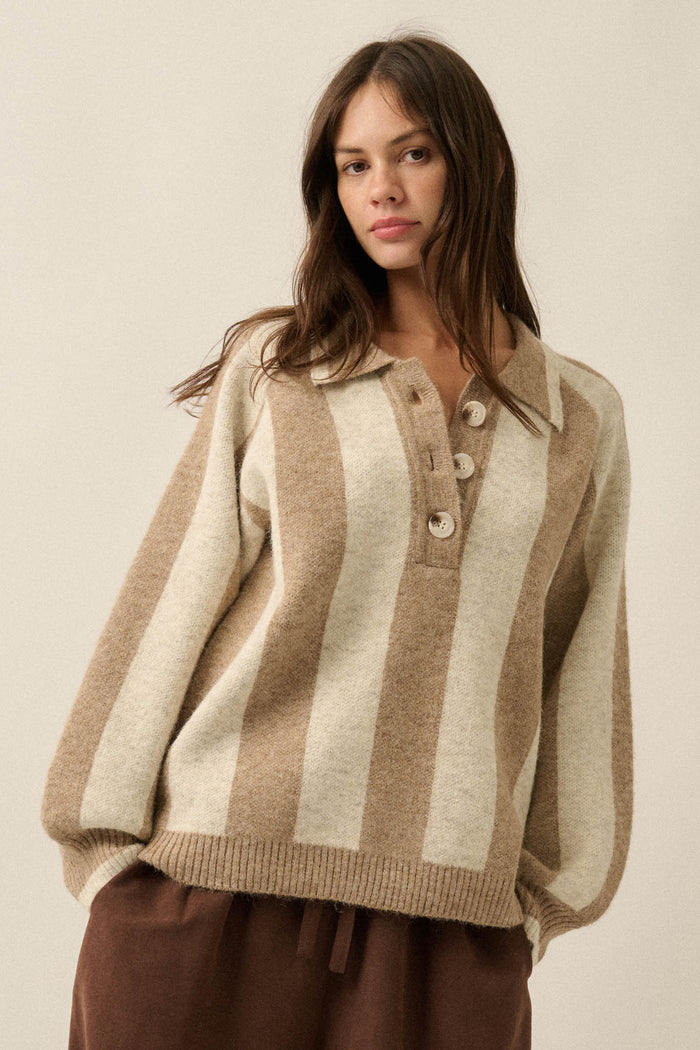 Stripe Out Balloon-Sleeve Striped Polo Sweater - ShopPromesa