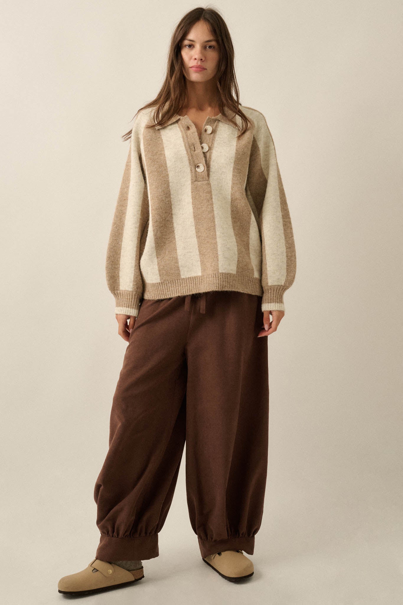 Stripe Out Balloon-Sleeve Striped Polo Sweater - ShopPromesa
