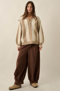 Stripe Out Balloon-Sleeve Striped Polo Sweater - ShopPromesa