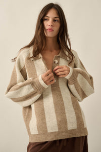 Stripe Out Balloon-Sleeve Striped Polo Sweater - ShopPromesa