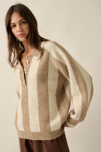 Stripe Out Balloon-Sleeve Striped Polo Sweater - ShopPromesa