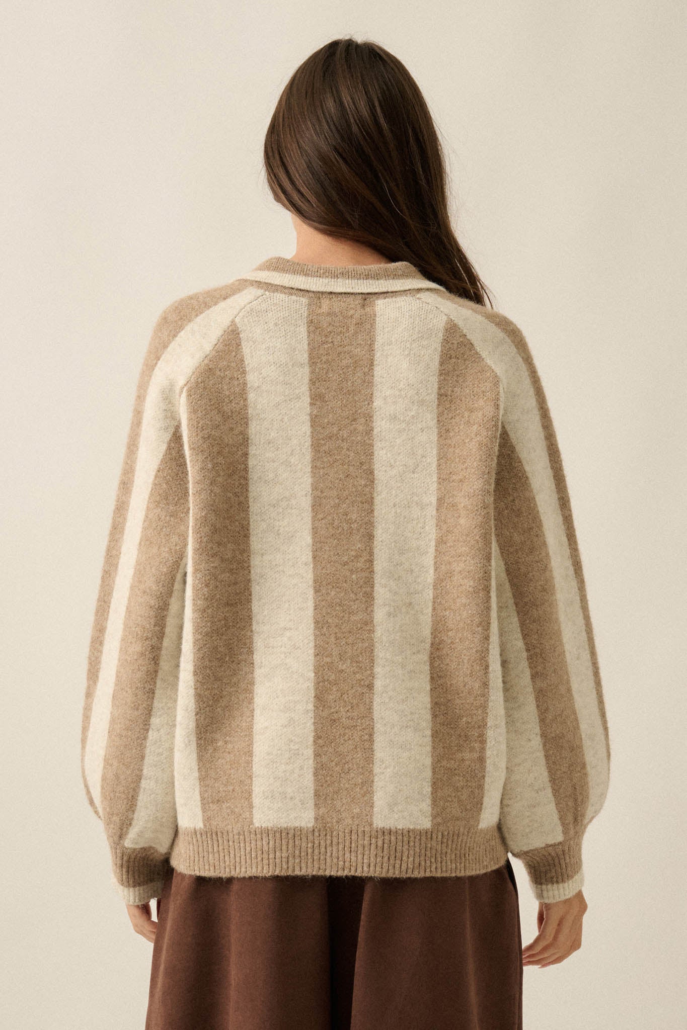 Stripe Out Balloon-Sleeve Striped Polo Sweater - ShopPromesa