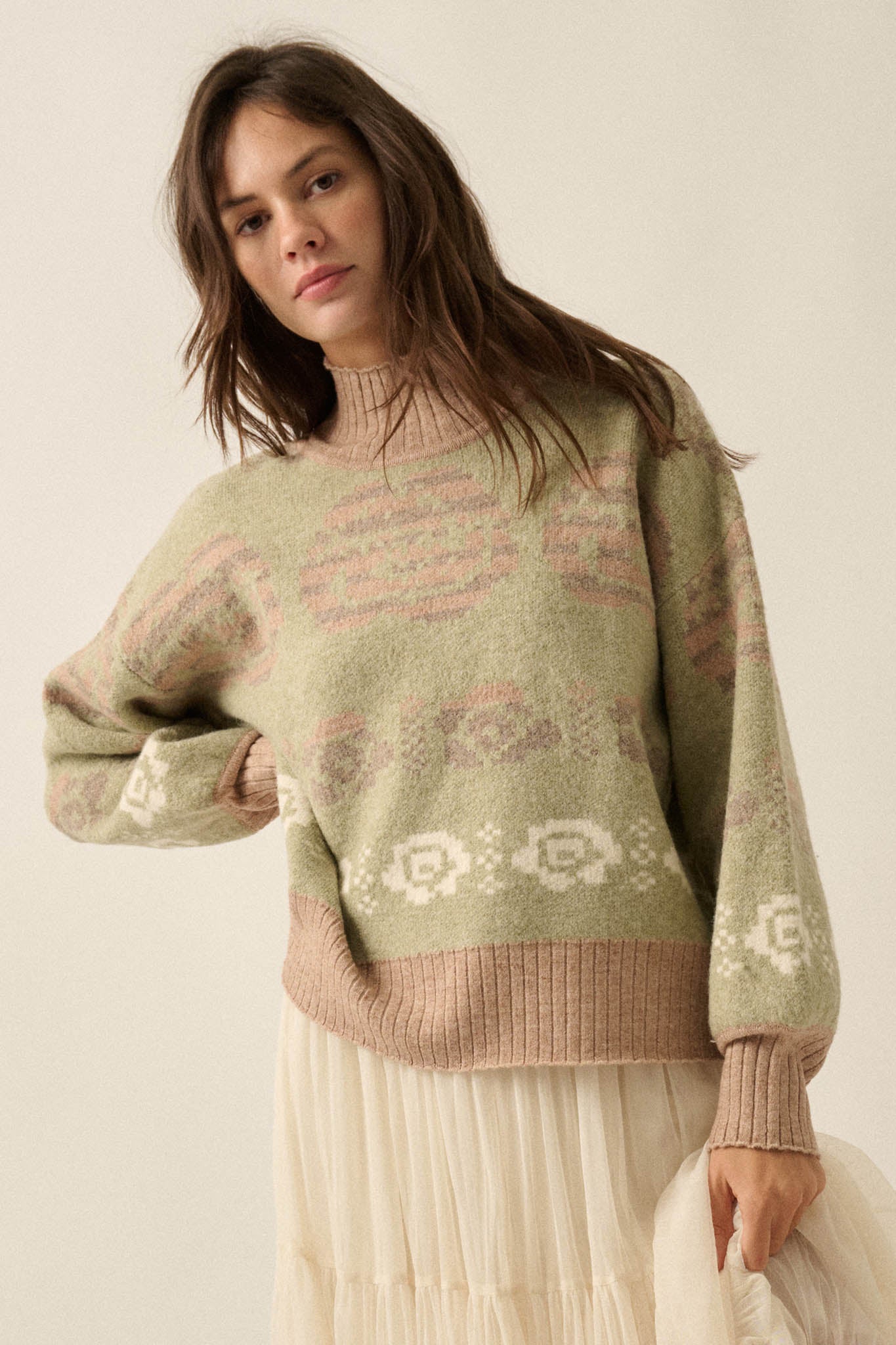 Flower Box Floral Jacquard-Knit Mock-Neck Sweater - ShopPromesa