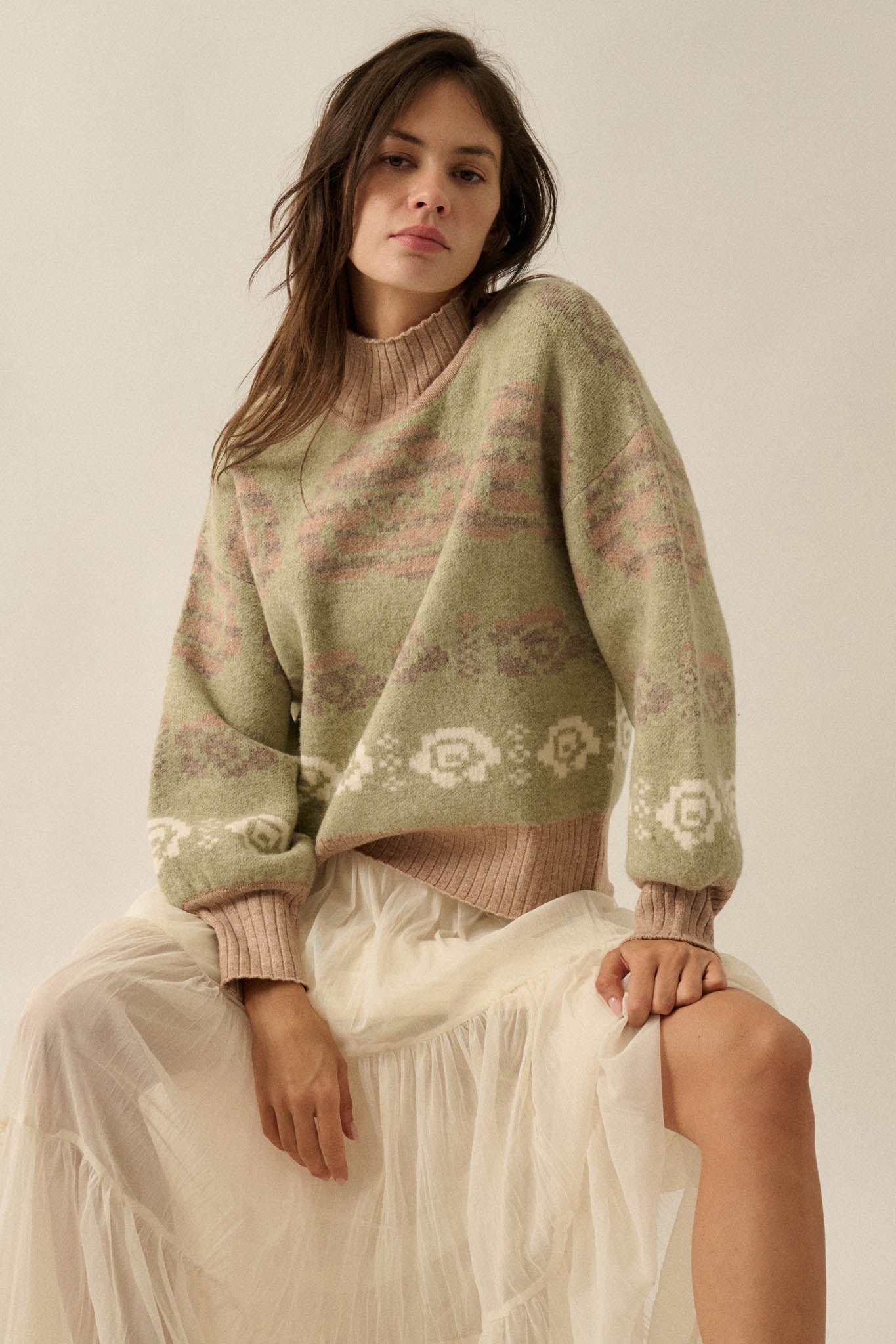 Flower Box Floral Jacquard-Knit Mock-Neck Sweater - ShopPromesa