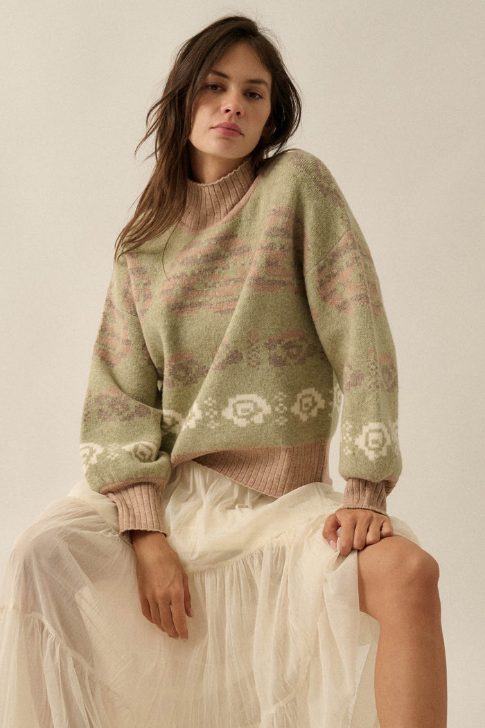 Flower Box Floral Jacquard-Knit Mock-Neck Sweater - ShopPromesa