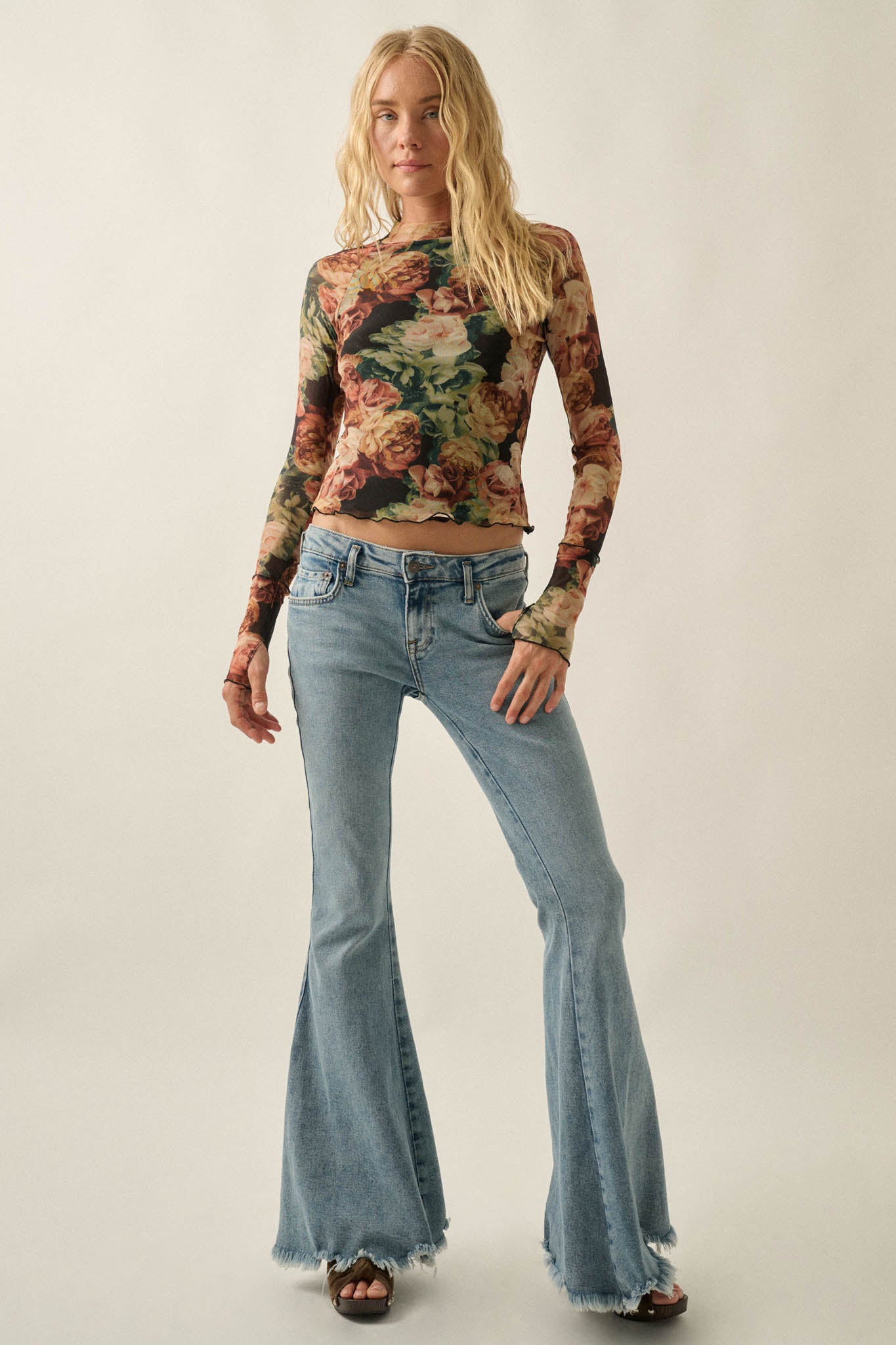 Rose Reverie Floral Mesh Mock-Neck Thumbhole Top - ShopPromesa