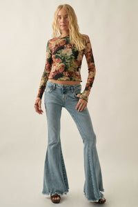 Rose Reverie Floral Mesh Mock-Neck Thumbhole Top - ShopPromesa