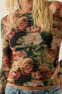 Rose Reverie Floral Mesh Mock-Neck Thumbhole Top - ShopPromesa