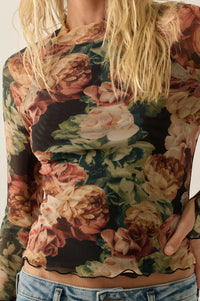 Rose Reverie Floral Mesh Mock-Neck Thumbhole Top - ShopPromesa