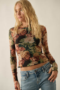 Rose Reverie Floral Mesh Mock-Neck Thumbhole Top - ShopPromesa
