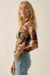 Rose Reverie Floral Mesh Mock-Neck Thumbhole Top - ShopPromesa