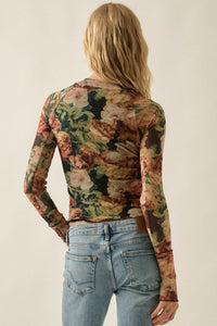 Rose Reverie Floral Mesh Mock-Neck Thumbhole Top - ShopPromesa