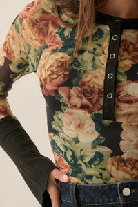Rich Roses Floral Mesh Split-Cuff Henley Top - ShopPromesa