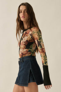 Rich Roses Floral Mesh Split-Cuff Henley Top - ShopPromesa