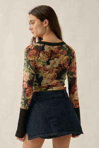 Rich Roses Floral Mesh Split-Cuff Henley Top - ShopPromesa