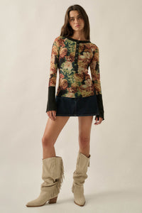 Rich Roses Floral Mesh Split-Cuff Henley Top - ShopPromesa
