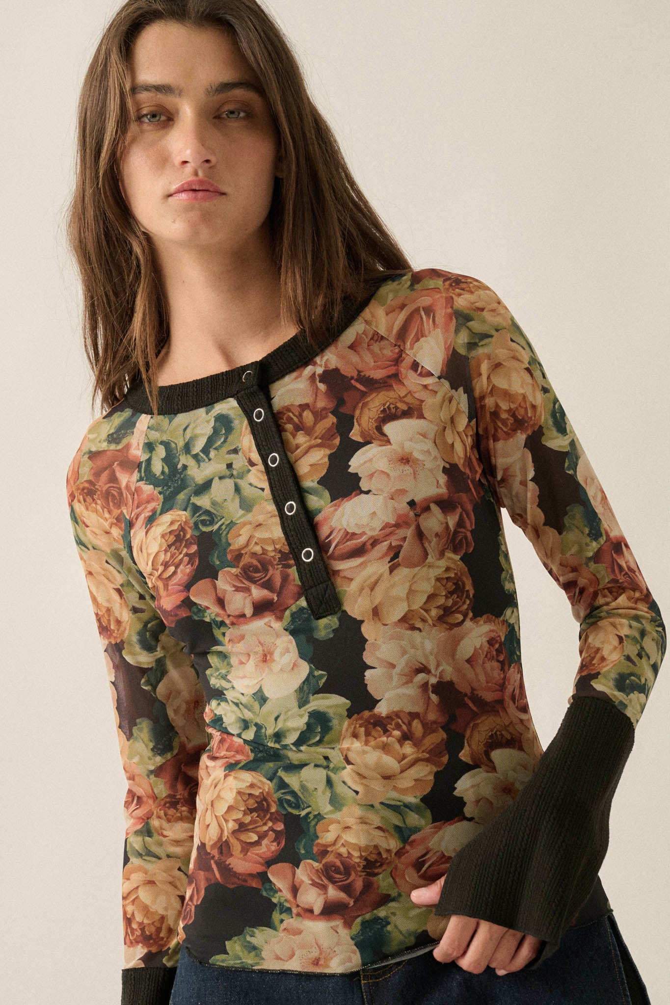 Rich Roses Floral Mesh Split-Cuff Henley Top - ShopPromesa