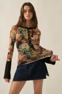 Rich Roses Floral Mesh Split-Cuff Henley Top - ShopPromesa