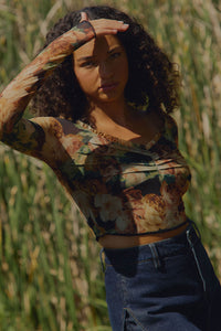 Rose Rebellion Floral Mesh Long-Sleeve Crop Top - ShopPromesa
