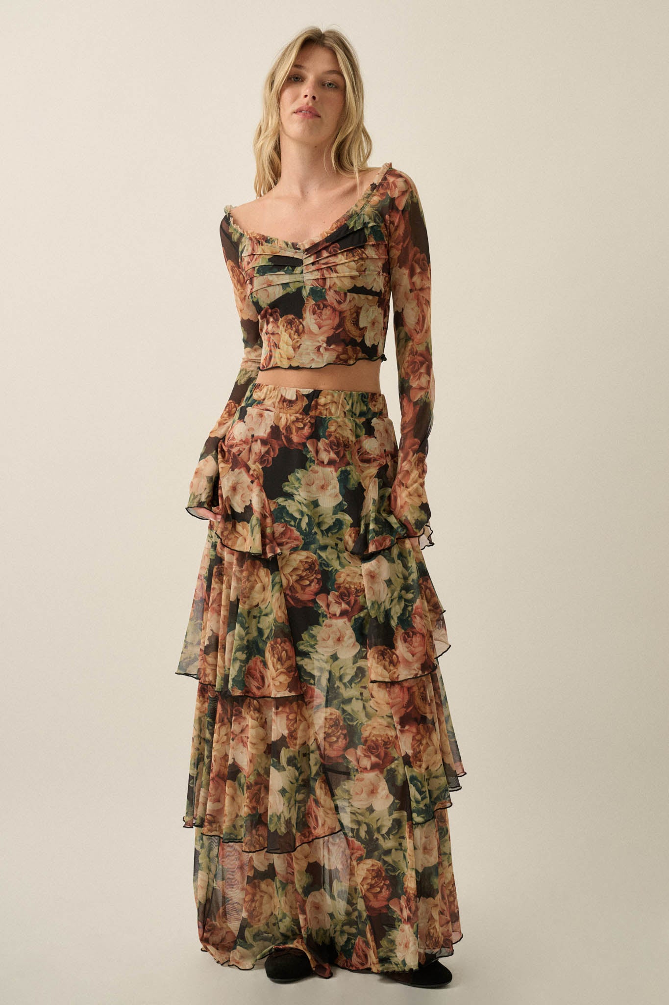 Rose Rebellion Floral Mesh Long-Sleeve Crop Top - ShopPromesa