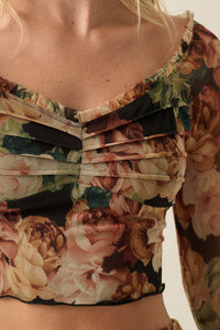 Rose Rebellion Floral Mesh Long-Sleeve Crop Top - ShopPromesa