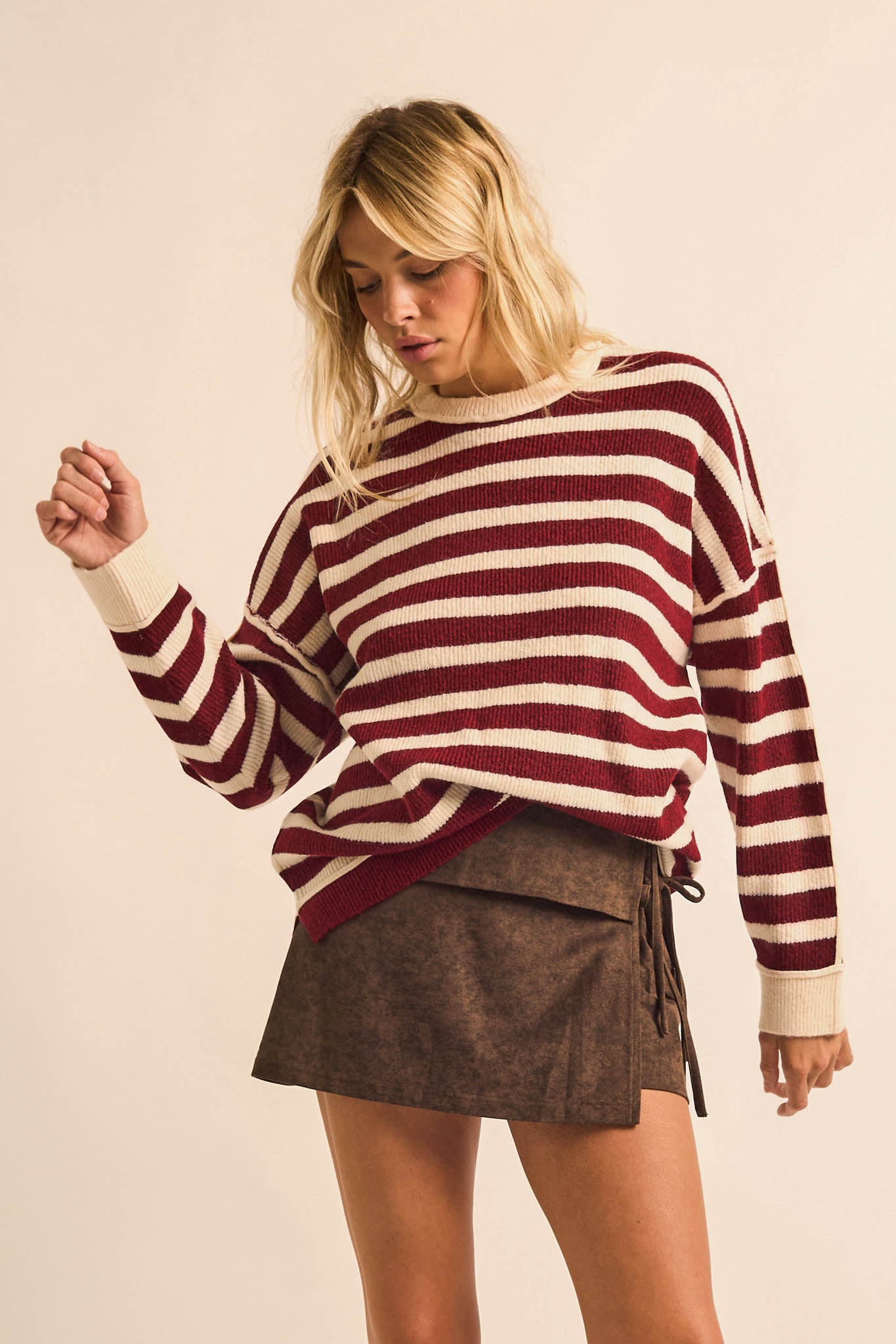Front Row Striped Knit Exposed-Seam Sweater - ShopPromesa