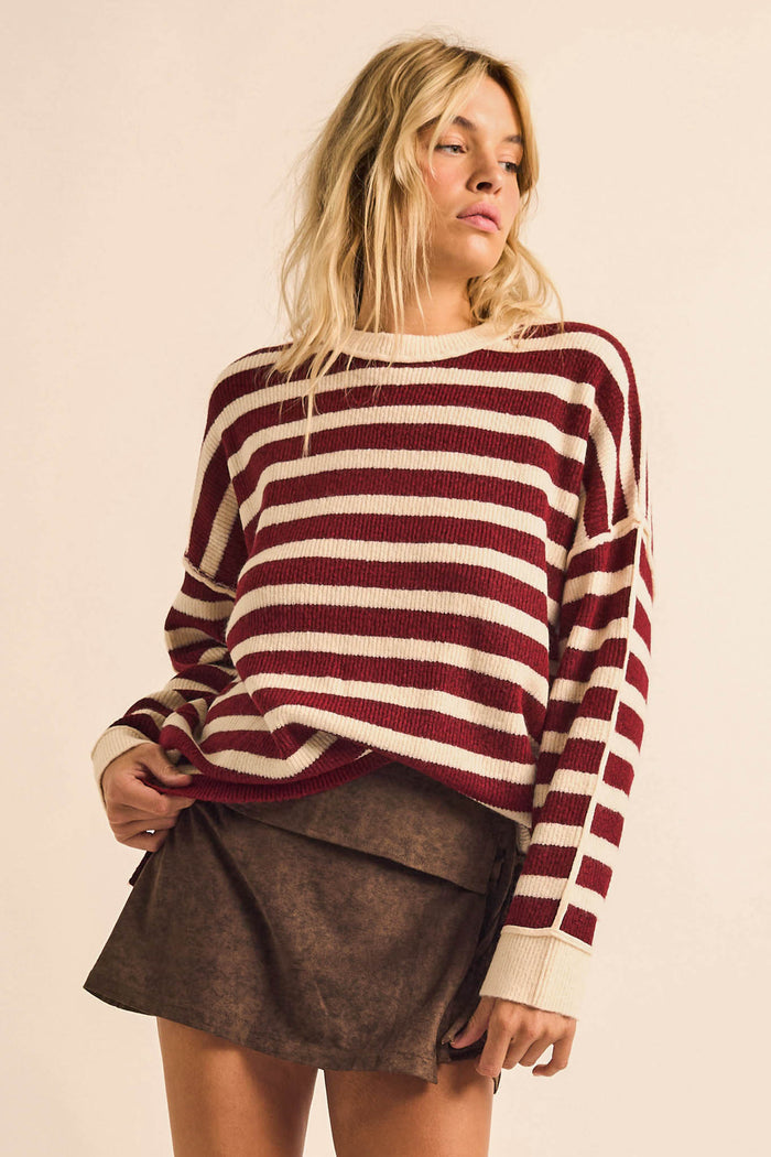 Front Row Striped Knit Exposed-Seam Sweater - ShopPromesa