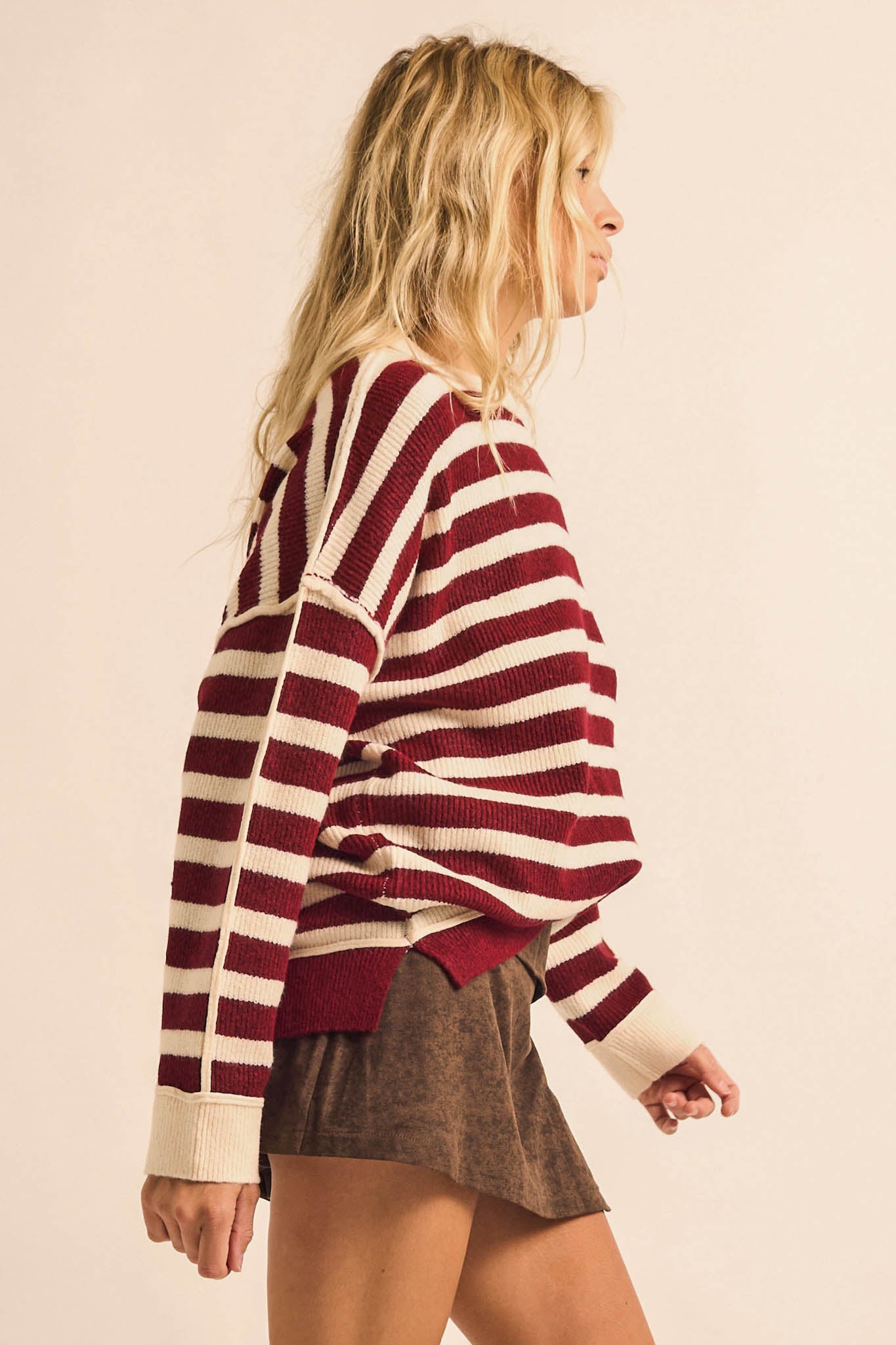 Front Row Striped Knit Exposed-Seam Sweater - ShopPromesa
