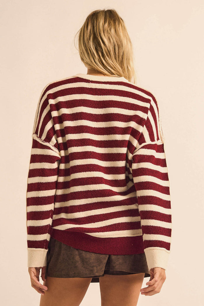 Front Row Striped Knit Exposed-Seam Sweater - ShopPromesa