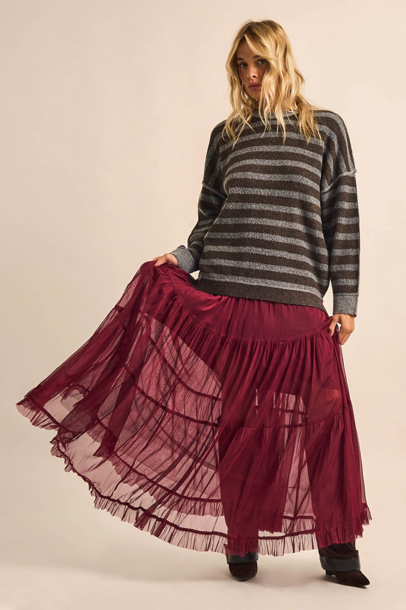 Front Row Striped Knit Exposed-Seam Sweater - ShopPromesa