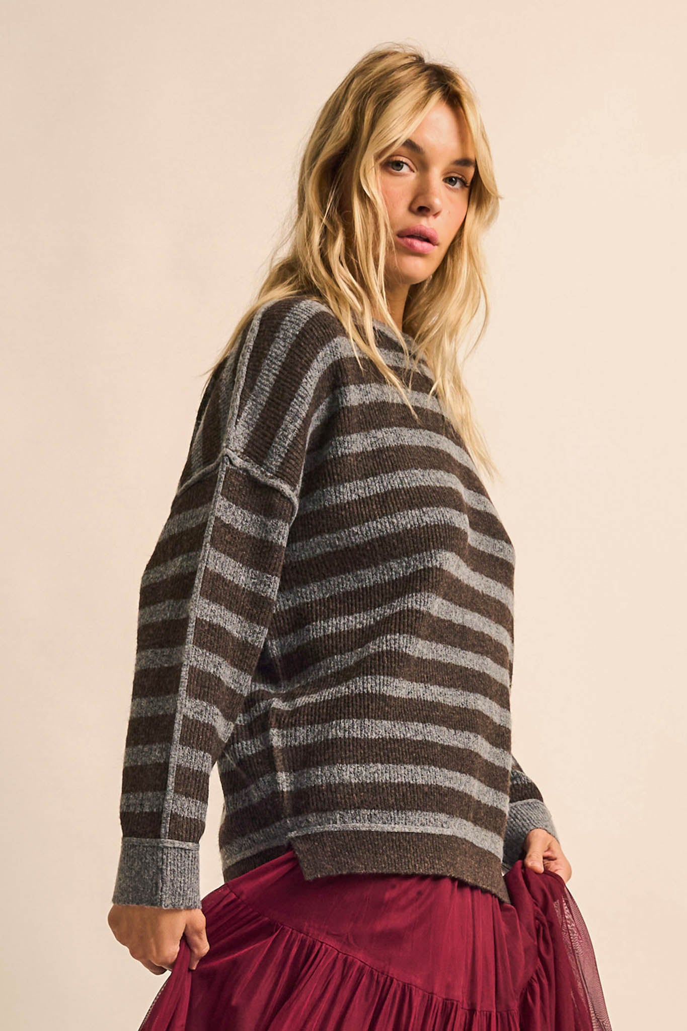 Front Row Striped Knit Exposed-Seam Sweater - ShopPromesa