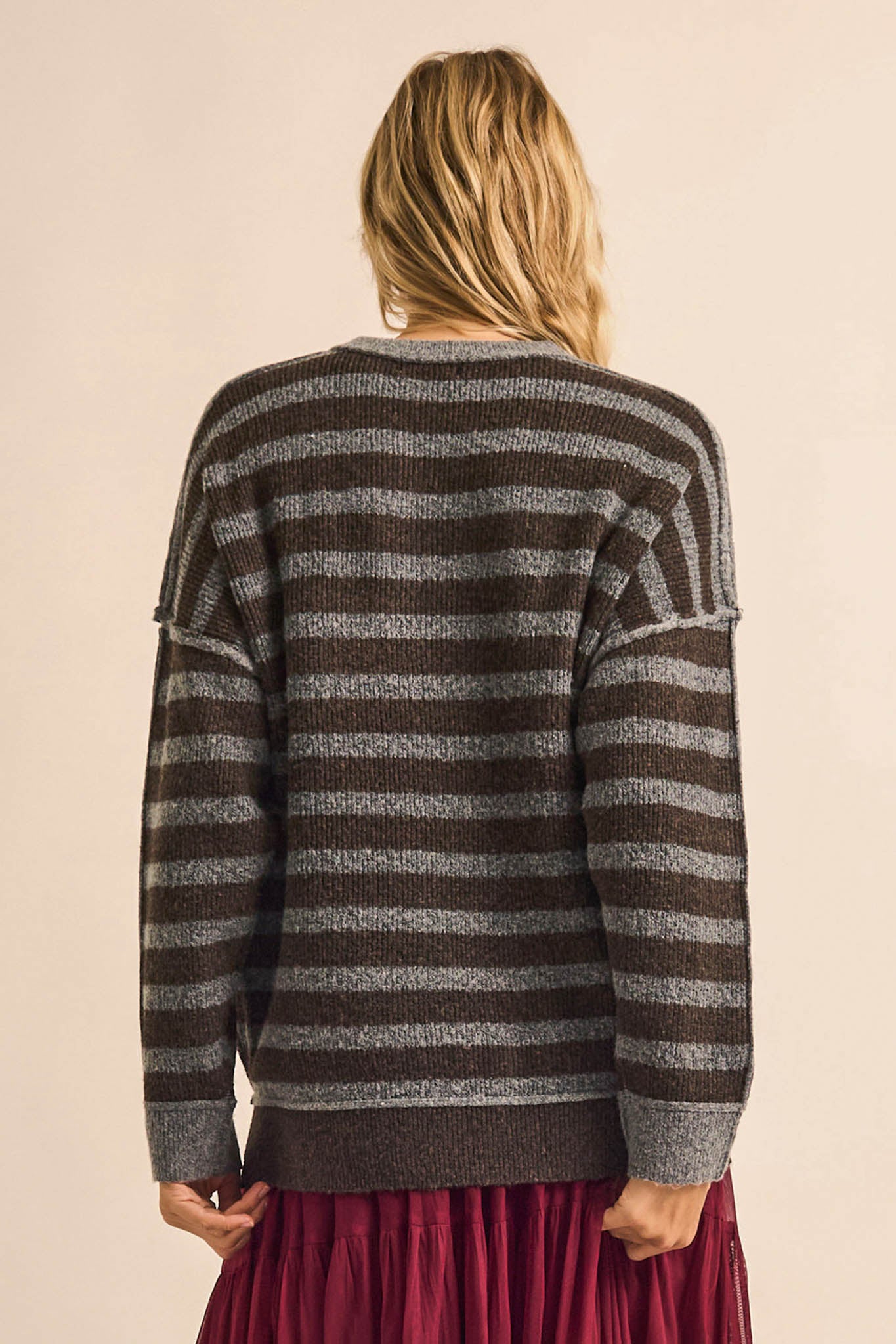 Front Row Striped Knit Exposed-Seam Sweater - ShopPromesa