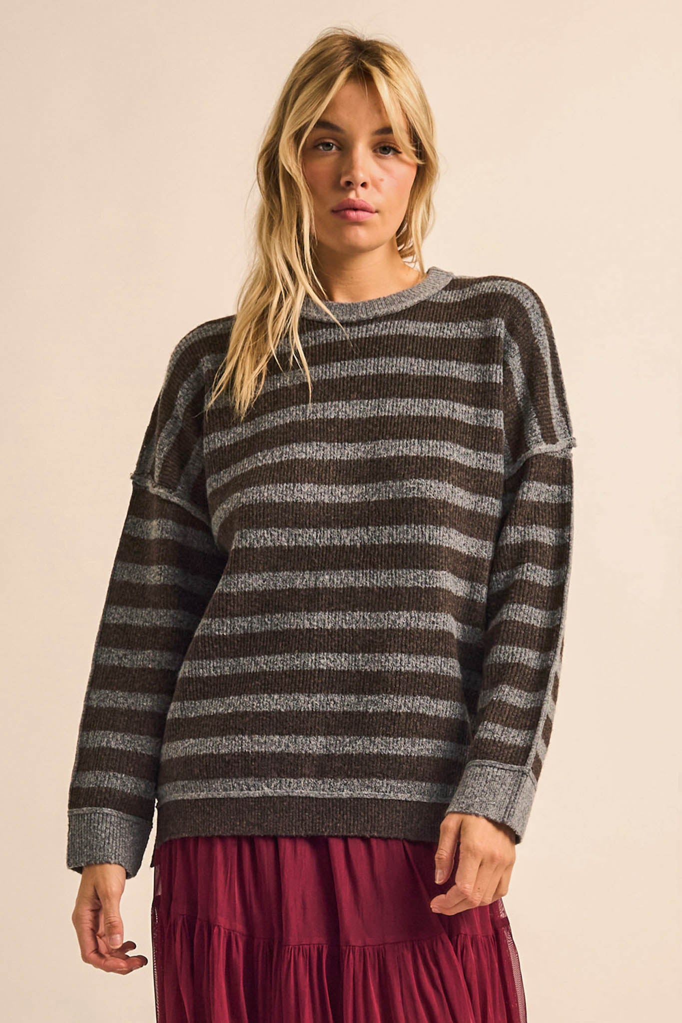 Front Row Striped Knit Exposed-Seam Sweater - ShopPromesa