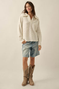 Amazing Day Cable-Knit Collared Split-Neck Sweater - ShopPromesa