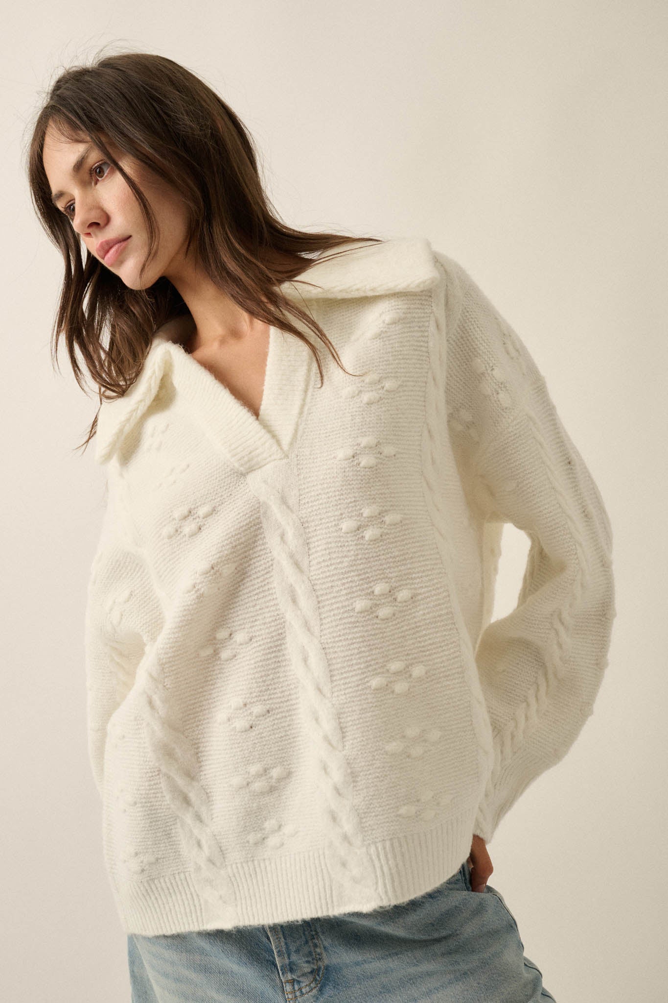 Amazing Day Cable-Knit Collared Split-Neck Sweater - ShopPromesa