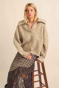 Amazing Day Cable-Knit Collared Split-Neck Sweater - ShopPromesa