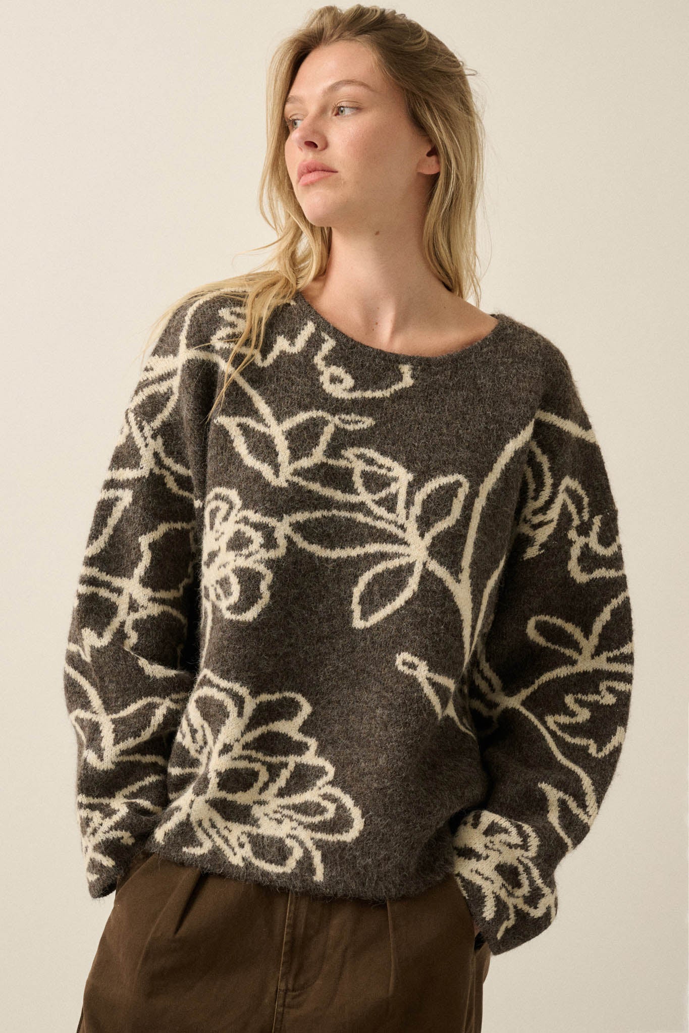 Out on a Limb Floral Jacquard-Knit Oversize Sweater - ShopPromesa